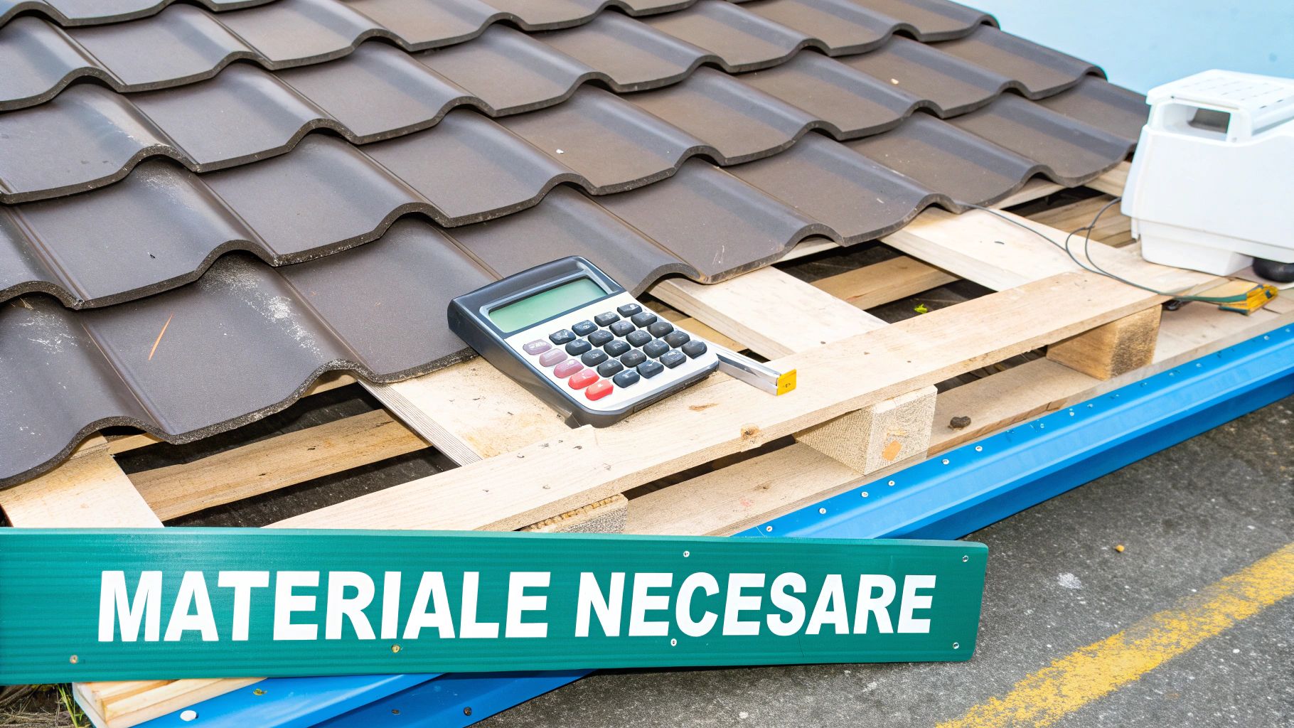 Țigle maro pentru acoperiș, un calculator și o tăbliță verde cu "MATERIALE NECESARE", indicând planificarea construcției.