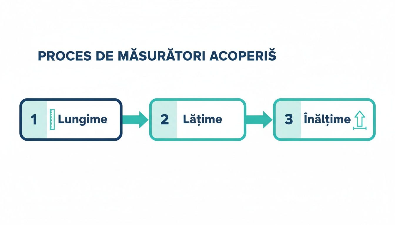 Diagramă ilustrând procesul de măsurători pentru acoperiș: 1. Lungime, 2. Lățime și 3. Înălțime.