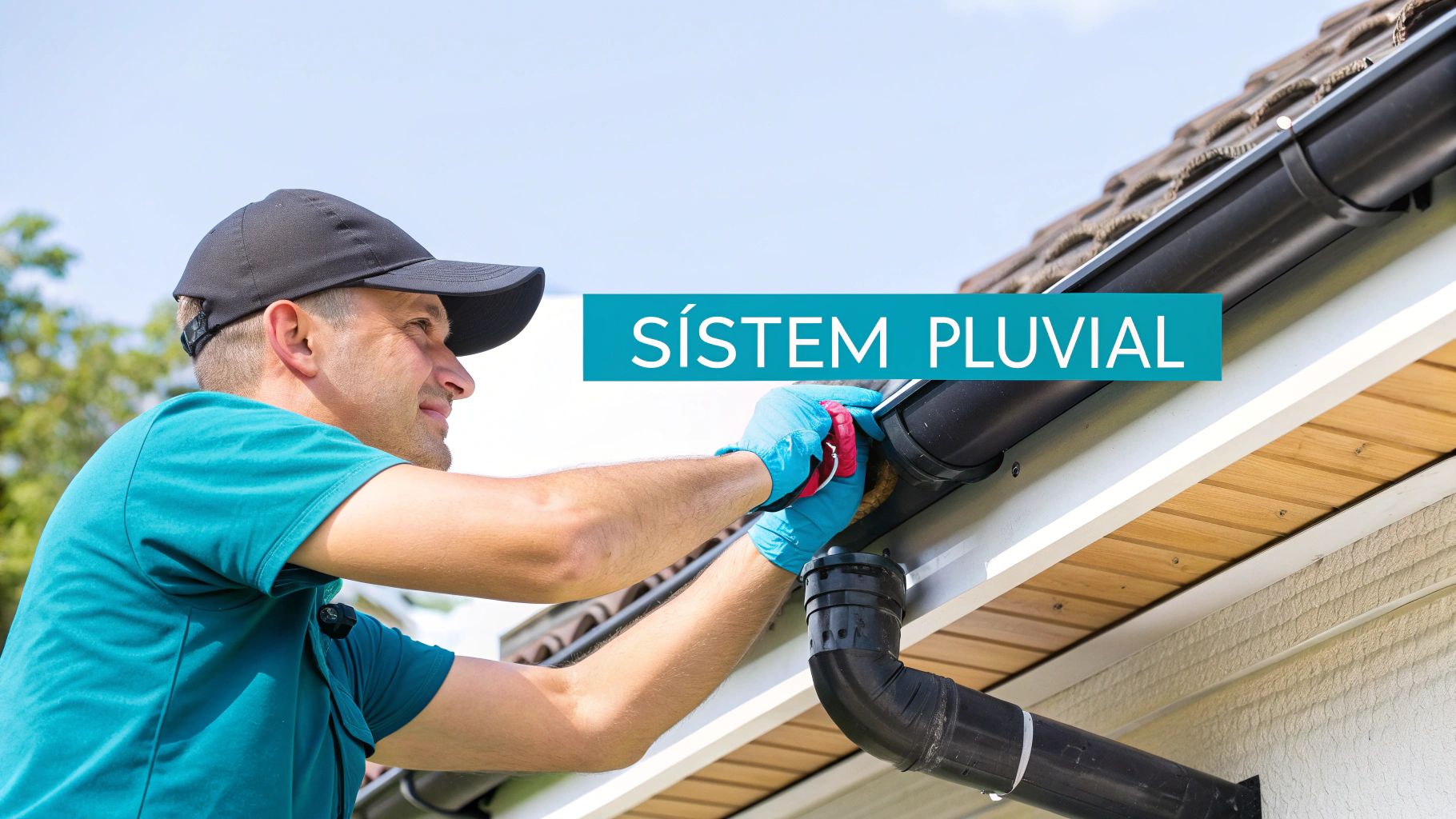 Un bărbat cu mănuși albastre montează sau repară un sistem pluvial la acoperișul unei case.