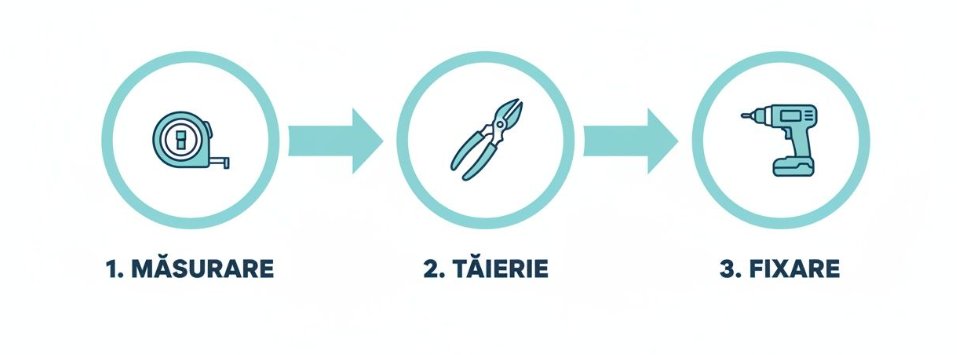 Infografic cu 3 pași: măsurare cu ruletă, tăiere cu clești și fixare cu bormașina.