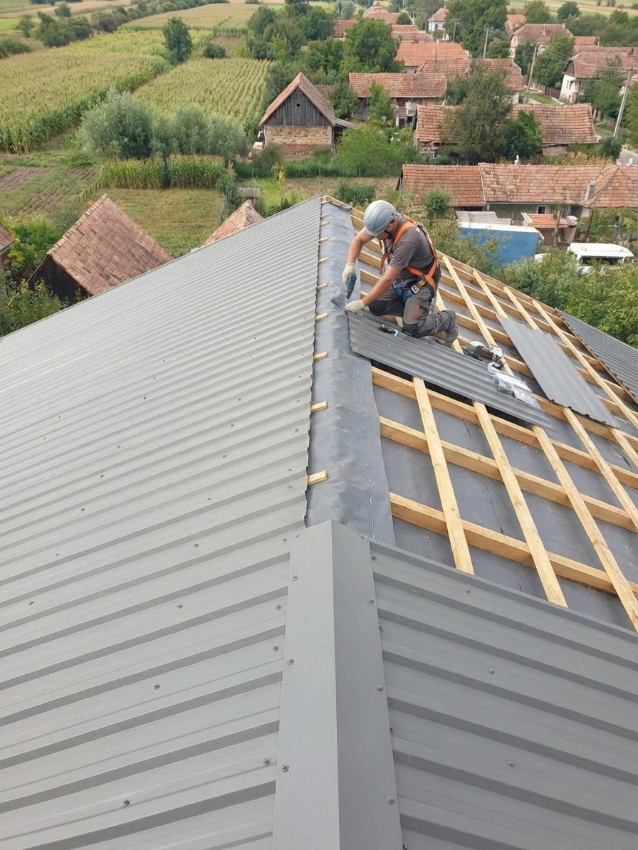 Un muncitor montează tablă cutată gri pe un acoperiș, cu un sat și câmpuri verzi în fundal.
