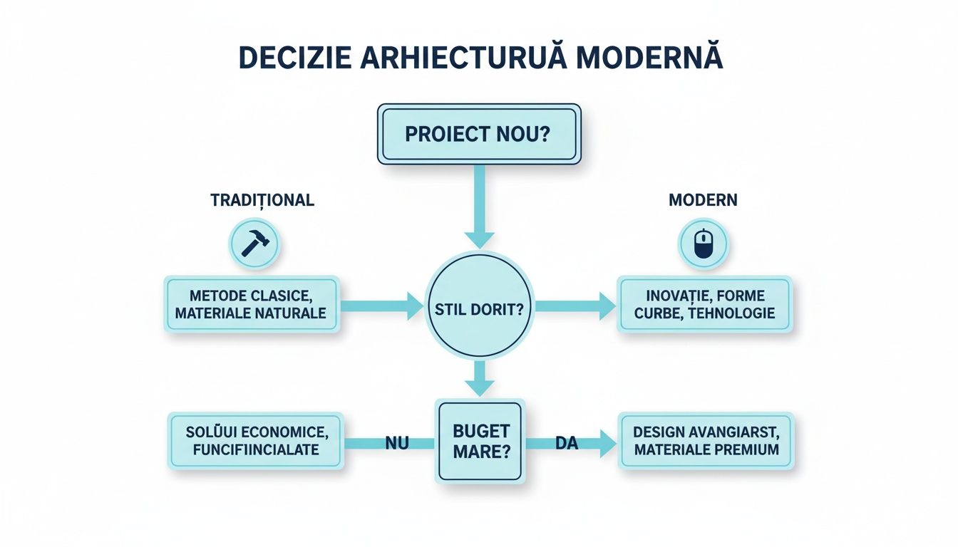 Diagramă decizională pentru arhitectura modernă, ghidând alegerea stilului și bugetului proiectului.